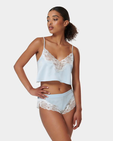 Isabella Luxury Satin Cami and Short Set Ice Water Blue/White