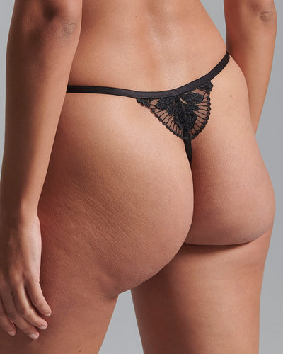 Gabriella Floral Embroidered Thong Black